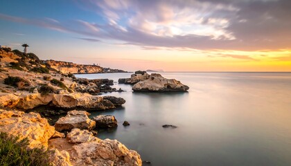Coastal sunset over rocks and sea