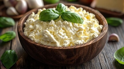 Creamy ricotta bowl, basil, garlic, wooden table, food photography