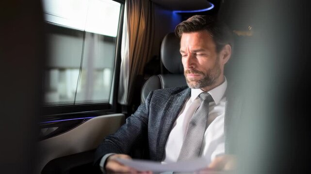 Focused mature businessman wearing a suit and tie reviewing paperwork while sitting in the back seat of a comfortable chauffeured vehicle during his daily commute to the office