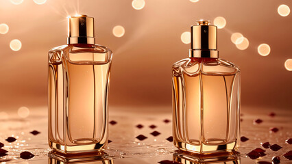 Luxury perfume bottles on golden sparkling background