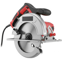 Obraz premium Electric circular saw machine isolated on white background, realistic 3D appearance, detailed sharp blade.