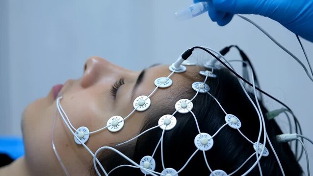 EEG Test on Young Asian Female Patient in Medical Setting