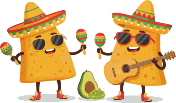 Groovy mexican nachos chips characters at Mexico fiesta party, vector corn tortilla food. Cartoon groovy hippie nacho chips with sombrero hats, guitar, avocado guacamole, maracas and sunglasses