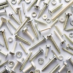 Assortment of Metal Screws Bolts Washers and Fasteners on White Background nuts