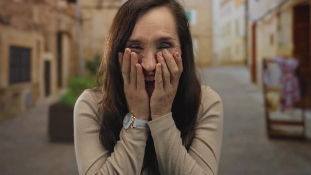Woman covers cheeks with hands against weathered stone walls in an oldtown cobblestone street; astonishment wonder joy excitement.