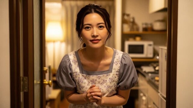 玄関のドアから顔を出し「おかえりなさい」と微笑むエプロン姿の妻