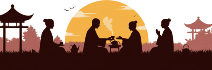 Fototapeta premium Silhouette tea ceremony. Asian traditions and culture. 