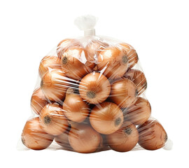 Bag of fresh yellow onions isolated on transparent background