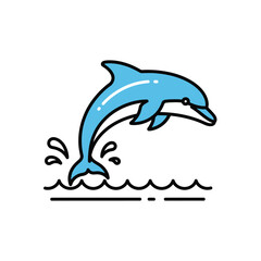 Stylized blue dolphin leaping joyfully from ocean waves isolated on white background