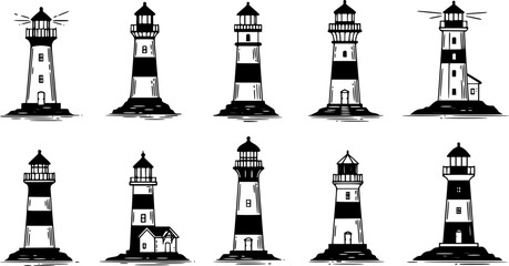 Obraz premium vector set of coastal lighthouse illustrations in modern take on retro woodcut 