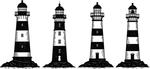 Obraz premium vector set of coastal lighthouse illustrations in modern take on retro woodcut 