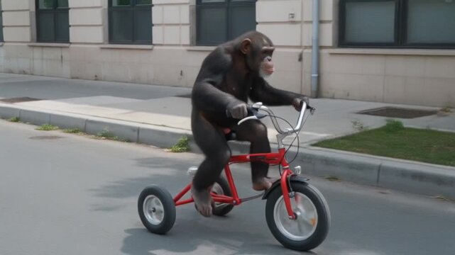 Chimpanzee Riding a Red Tricycle on an Urban Street