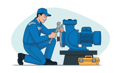 Skilled mechanic in blue uniform performing maintenance on industrial pump machine with tools nearby isolated on white background