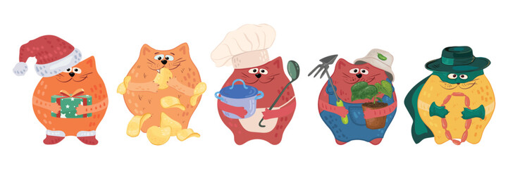 A set of cute cats with different hobbies: a chef, a gardener, Santa Claus, a sausage lover, a cook, and a potato chip lover. A fun character for a mascot. Vector image for stickers, design, and cards