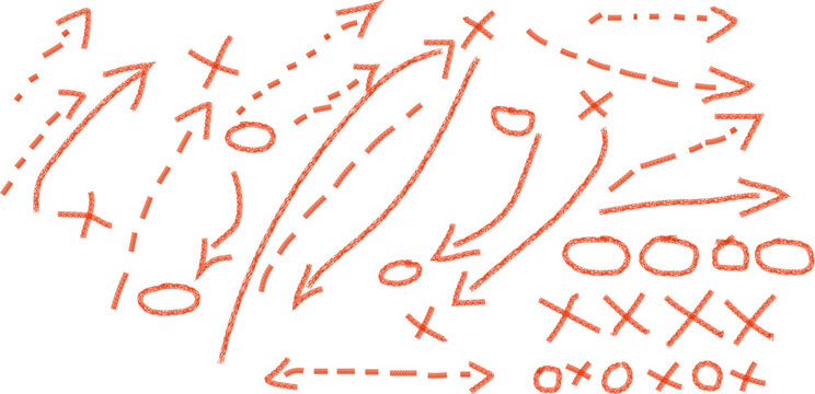 Hand-drawn diagram with arrows, circles, and crosses, possibly a sports play or strategy illustration.