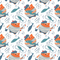 A ginger cat in a striped T-shirt with a fishing rod, bucket, and thoughts of fishing. A funny pattern about fishing. A childish vector background with cute animals for textiles, wallpaper, and fabric