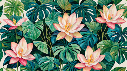 Seamless pattern with pink lotus flowers and green leaves