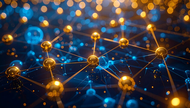Abstract quantum network with glowing blue waves and golden spheres linked by lines, evoking molecular interaction, data flow, and futuristic connectivity.