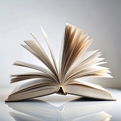 Fototapeta premium Open Book with Fanned Pages and Reflection on White Surface spread
