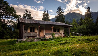 Rustic mountain hut nestled in a grassy meadow, bathed in soft sunlight.  Forests and mountains in the background.  Tranquil scene