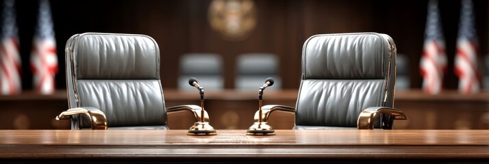 Elegant courtroom setting featuring leather chairs and microphones in an American judicial environment