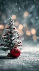 Snowy winter atmosphere with a decorated Christmas tree and red ornament on a glittering surface during the holiday season