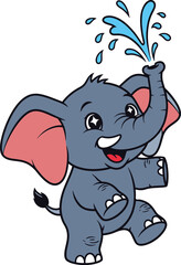 Playful Cartoon Elephant Sprays Water High into the Air a Joyful and Energetic Scene of Animal Fun