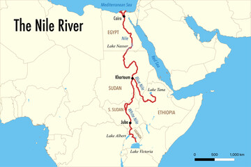 Obraz premium Vector Map of the Nile River Course from Sources to the Mediterranean Sea with White and Blue Nile