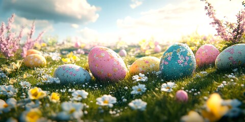 decorated eggs scattered among blooming flowers on a sunny spring day in a meadow filled with greenery
