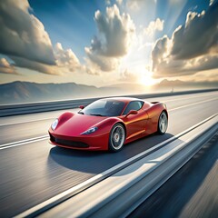Obraz premium Red Sports Car Driving on a Highway at Sunset with Dramatic Clouds Keywords: car, sports car, red car, automobile, vehicle, driving, highway, road
