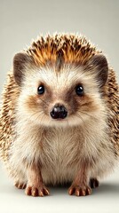 Cute hedgehog with soft fur sits calmly on a plain background during the day