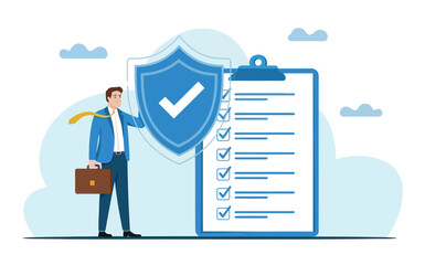 Business professional safeguards checklist with security shield and confident symbol for corporate safety and assurance isolated on white background