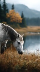 White horse grazing by a serene lake surrounded by autumn foliage in a mountainous landscape during the early morning light
