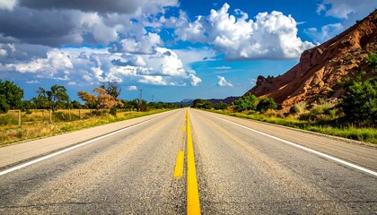 A long road stretches towards the horizon under a bright blue sky dotted with fluffy white clouds. The road is bordered by dry fields and rocky hills