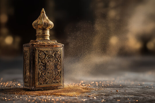 antique luxury perfume bottle mockup with ornate golden carvings, aged royal design
