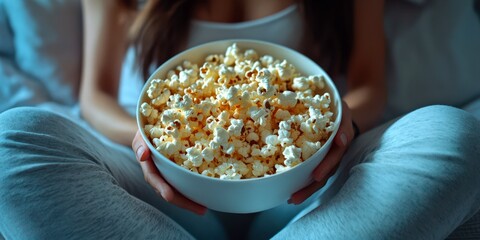 Enjoying a cozy movie night with a large bowl of fresh popcorn at home during evening hours