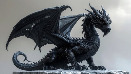 A formidable black dragon statue with outstretched wings, detailed scales, and piercing amber eyes against a gradient backdrop