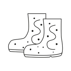 Cute outline hand drawn pair of rubber boots isolated on white background.