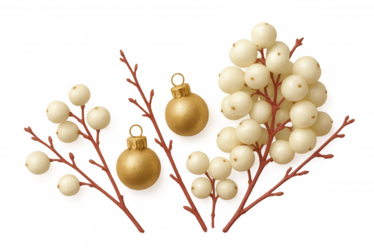 Holiday decoration featuring white berries and golden baubles, festive winter season elements isolated