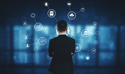 A concept of centralized business management and corporate strategy. A leadership team connecting to all functions like finance, operations, and planning. Motif