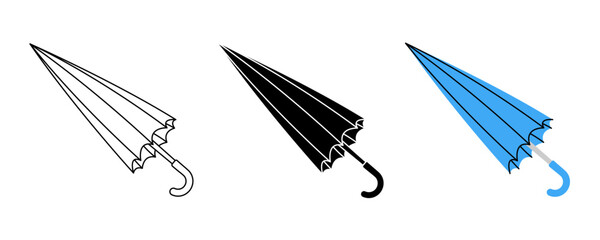 Minimal umbrella icon set with folded and open designs in black, white and color