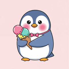 Obraz premium Adorable cartoon penguin character happily holding a vibrant triple-scoop ice cream cone, exuding cuteness and summer joy on a soft pastel background