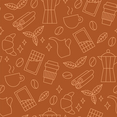 Line Coffee Seamless Pattern. Vector Illustration of Drink Cafeteria Linear Outline Style Background. Espresso Cup, Mint Leaf, Cinnamon, Milk Jar, Chocolate, Croissant and Stars.