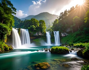Majestic waterfall cascading into a tranquil pool, surrounded by lush greenery under a vibrant sky