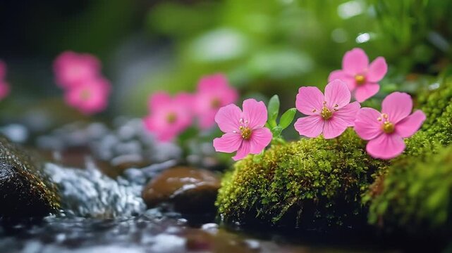 Delicate pink flowers by a babbling brook