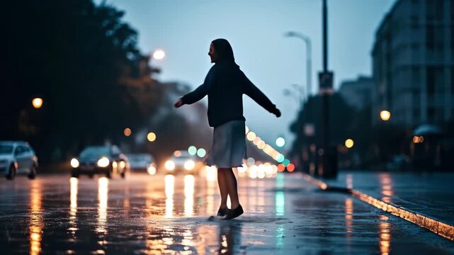 Caucasian woman enjoying dancing and twirling in the rain on a dark city street at night, happy rainy mood footage.