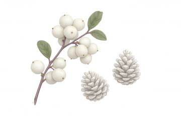 Snowberry plant branch showing white berries and green leaves next to white pinecones, creating a winter seasonal element