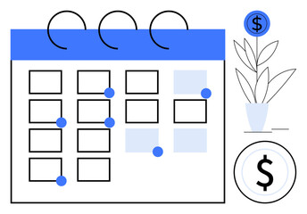 Calendar with marked dates, money plant in a pot, dollar sign coin emphasizing financial growth, scheduling, and planning. Ideal for finance, growth, time management, savings investment strategy