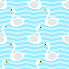 Romantic cute seamless swan pattern on blue wavy striped background