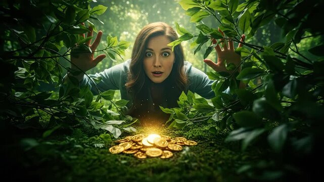 Woman discovers glowing gold coins hidden in lush forest foliage, symbolizing finding wealth or treasure concept footage.